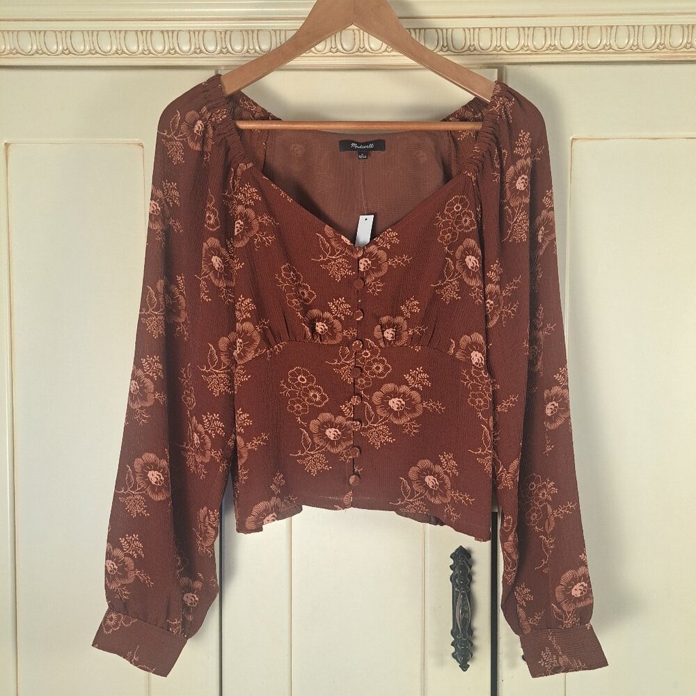 Madewell Preston NWT Puff Sleeve Letterpress Floral Blouse Button Front Top Sz L